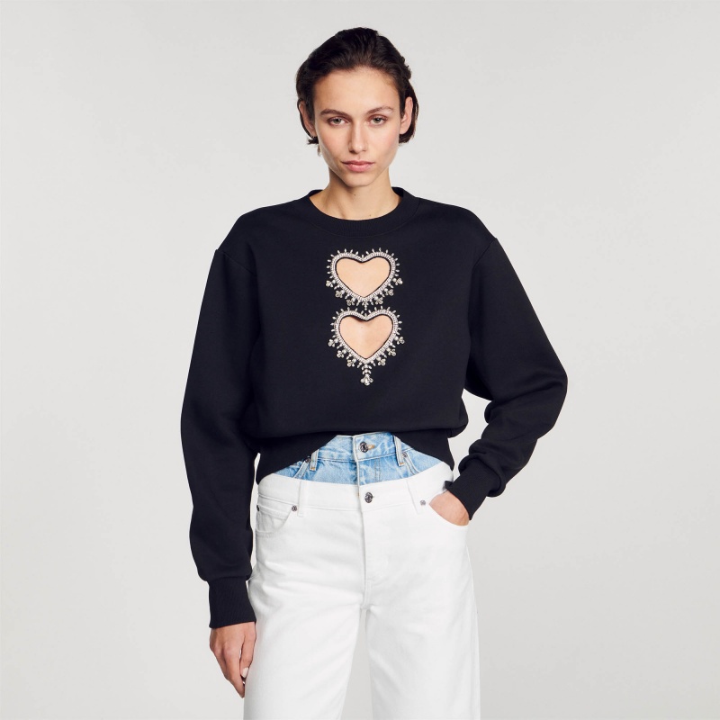 Sandro Sweatshirt with rhinestone hearts Black | SN-SDO64506