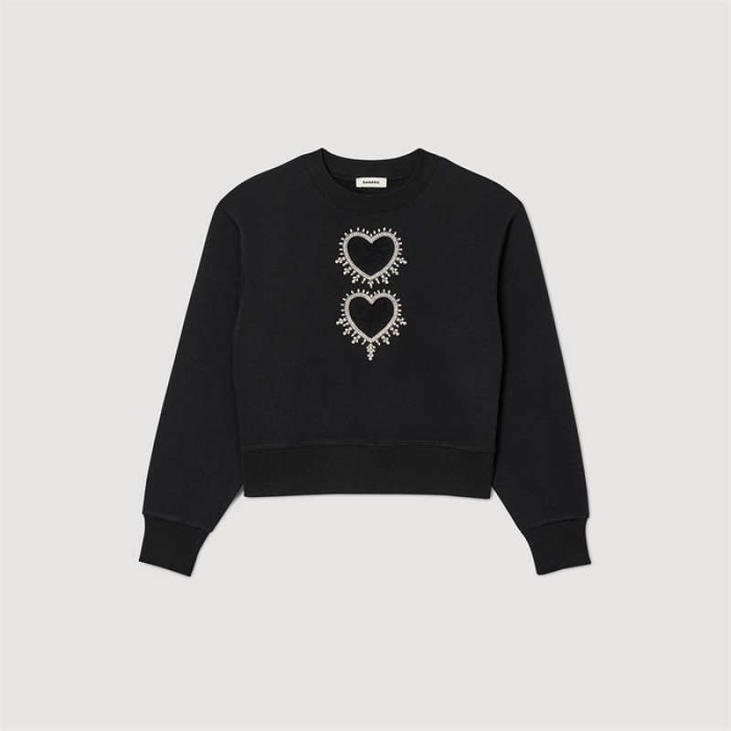 Sandro Sweatshirt with rhinestone hearts Black | SN-SDO64506