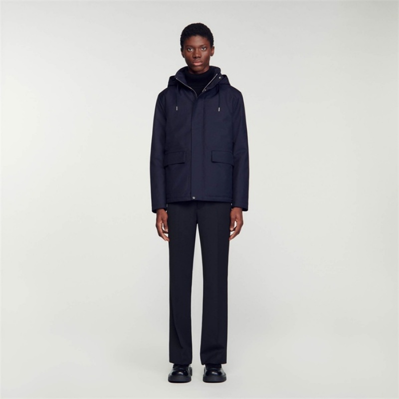 Sandro Technical hooded coat Navy Blue | SN-SDO65197