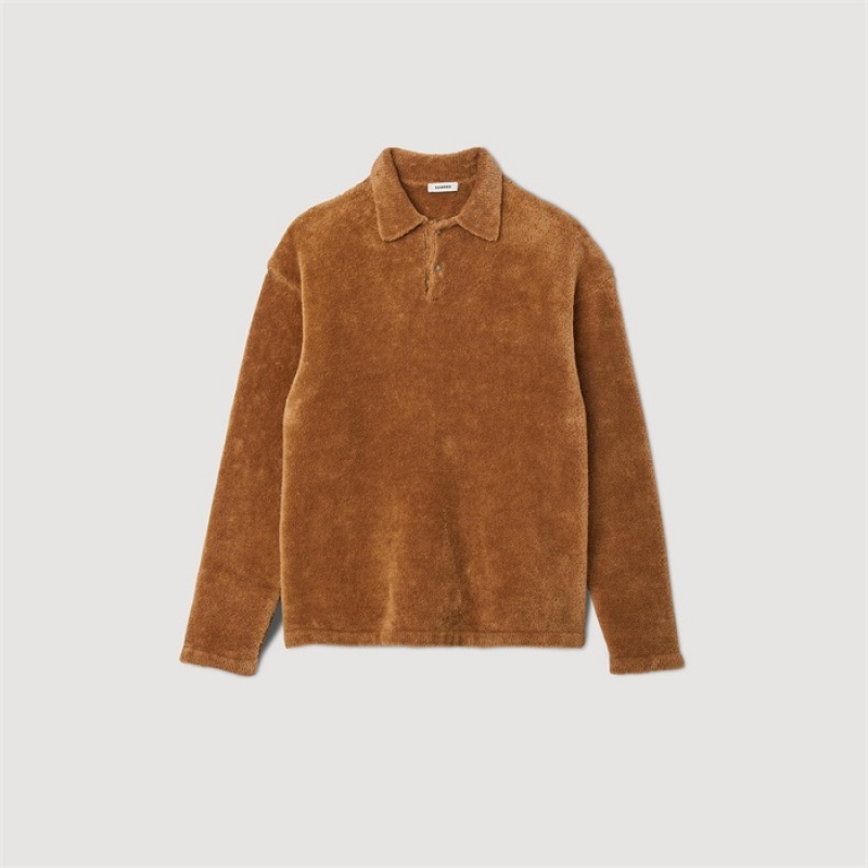 Sandro Terry knit polo shirt Camel | SN-SDO65272