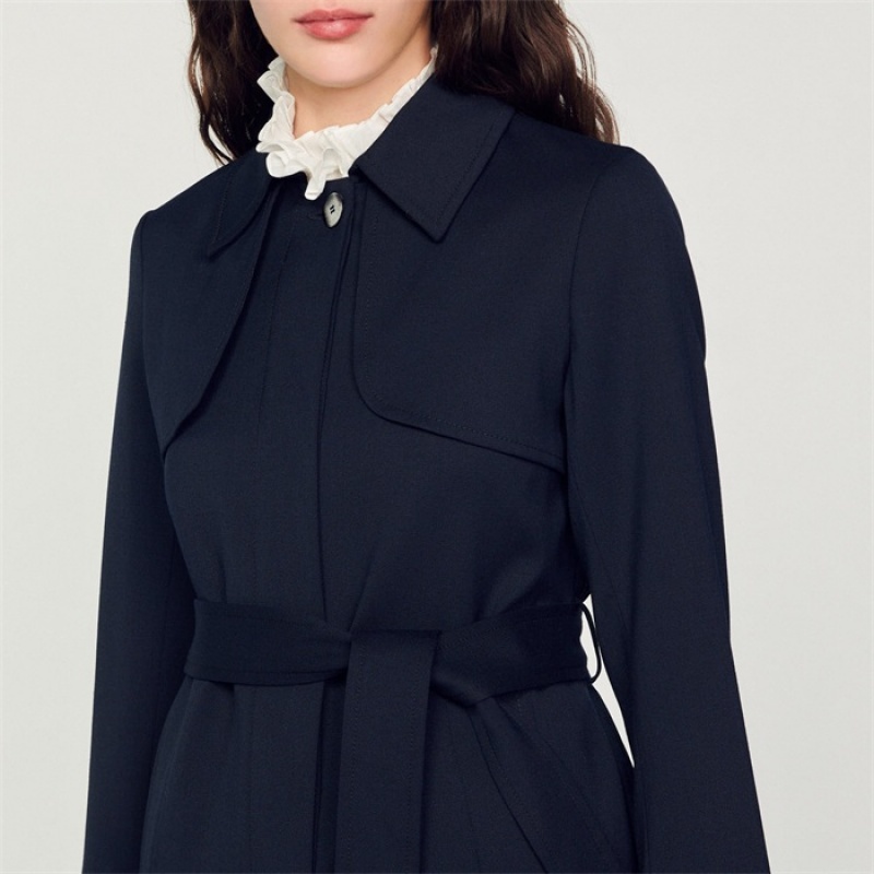 Sandro Trench coat with pleated inset Navy Blue | SN-SDO64533