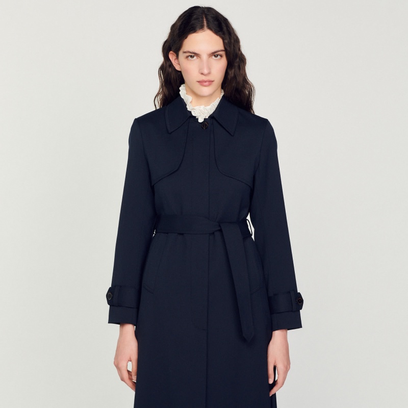 Sandro Trench coat with pleated inset Navy Blue | SN-SDO64533