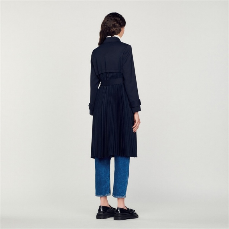 Sandro Trench coat with pleated inset Navy Blue | SN-SDO64533