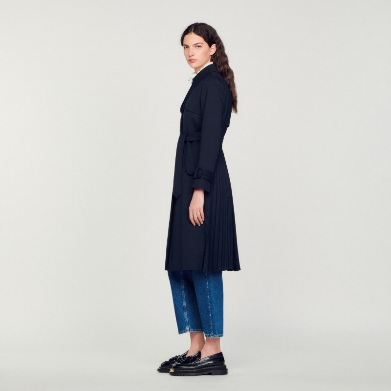 Sandro Trench coat with pleated inset Navy Blue | SN-SDO64533