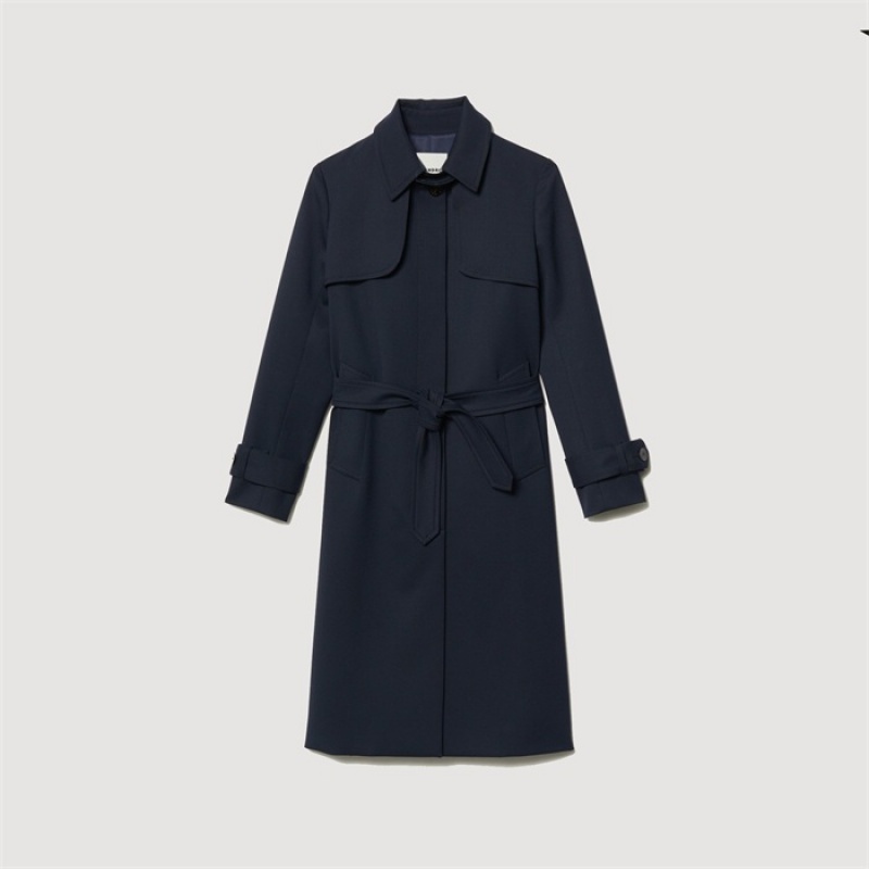 Sandro Trench coat with pleated inset Navy Blue | SN-SDO64533