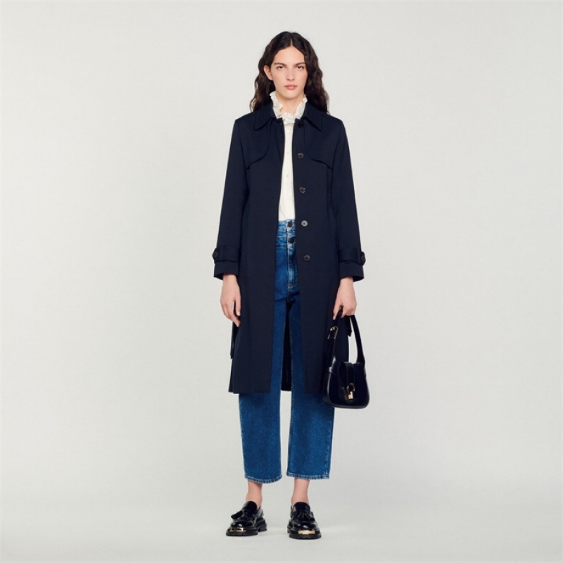 Sandro Trench coat with pleated inset Navy Blue | SN-SDO64533