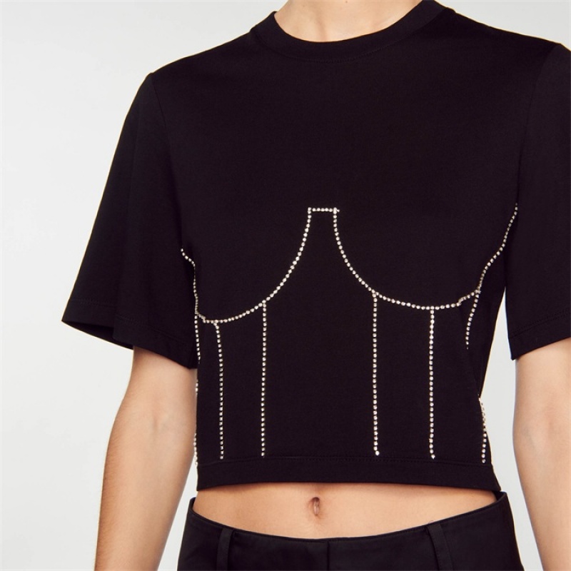 Sandro T-shirt with rhinestone bustier design Black | SN-SDO64350