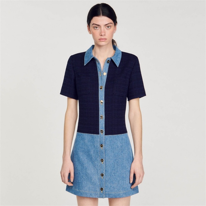 Sandro Tweed and denim short dress Blue | SN-SDO64275