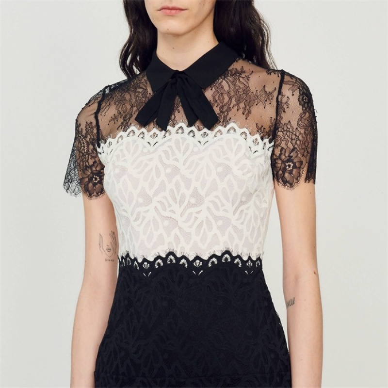 Sandro Two-tone lace dress Ecru | SN-SDO64241