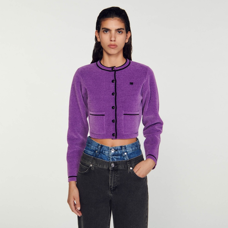 Sandro Velvet-effect cropped coatigan Purple | SN-SDO64547