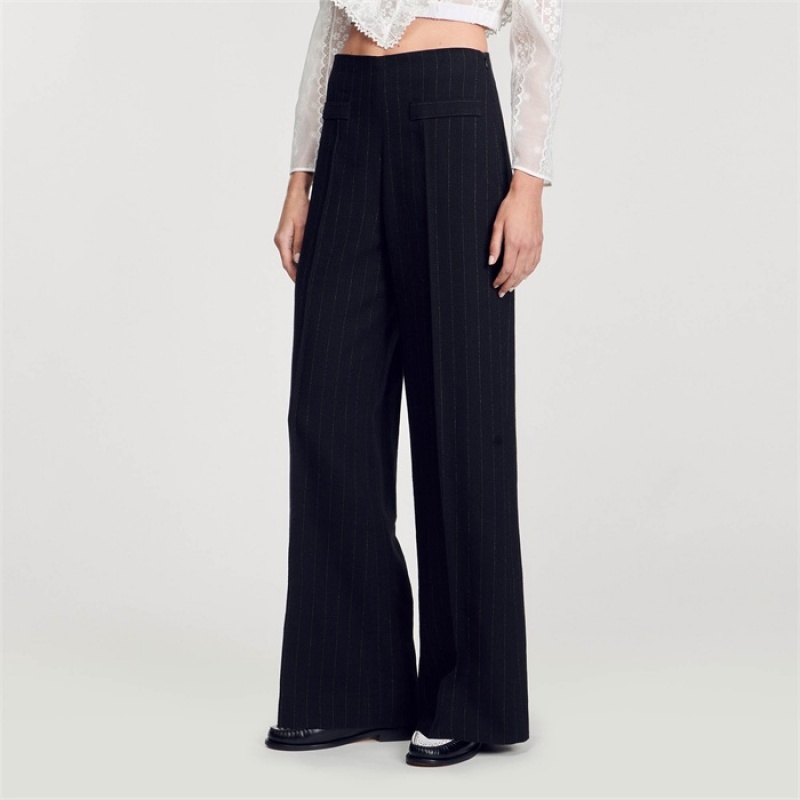 Sandro Wide-leg double waistband trousers Black | SN-SDO64807