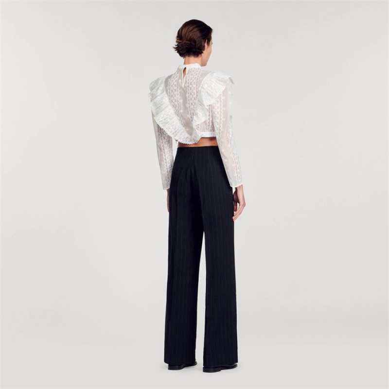 Sandro Wide-leg double waistband trousers Black | SN-SDO64807