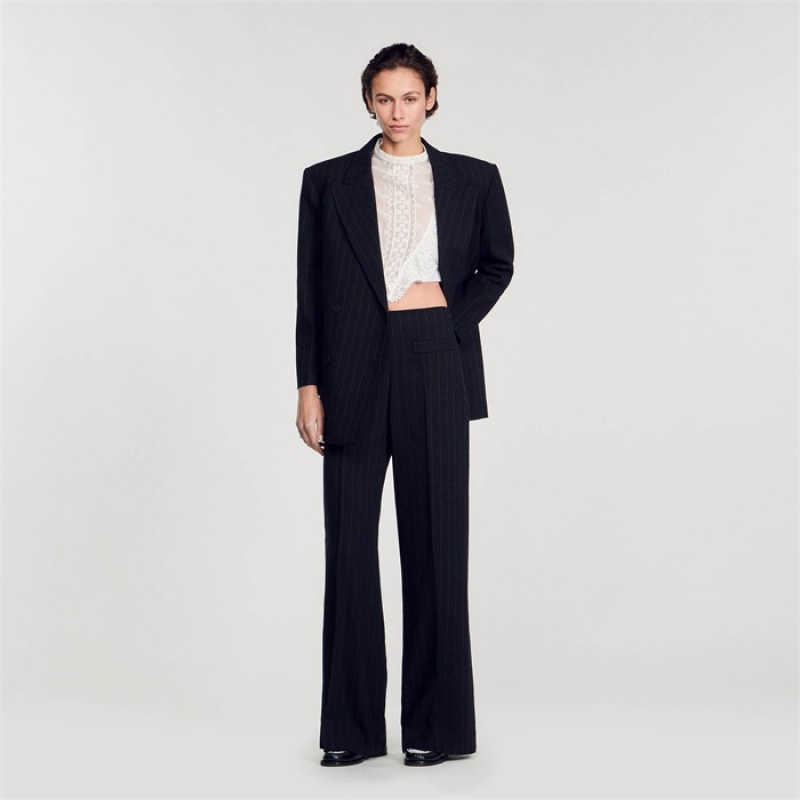 Sandro Wide-leg double waistband trousers Black | SN-SDO64807