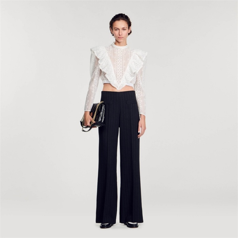 Sandro Wide-leg double waistband trousers Black | SN-SDO64807