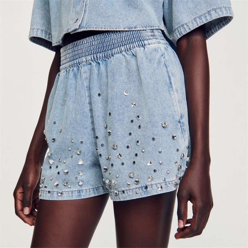 Sandro Wide-leg rhinestone denim shorts Light Bu Jean | SN-SDO64810