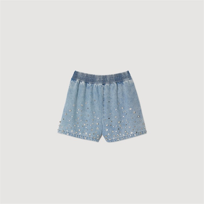 Sandro Wide-leg rhinestone denim shorts Light Bu Jean | SN-SDO64810