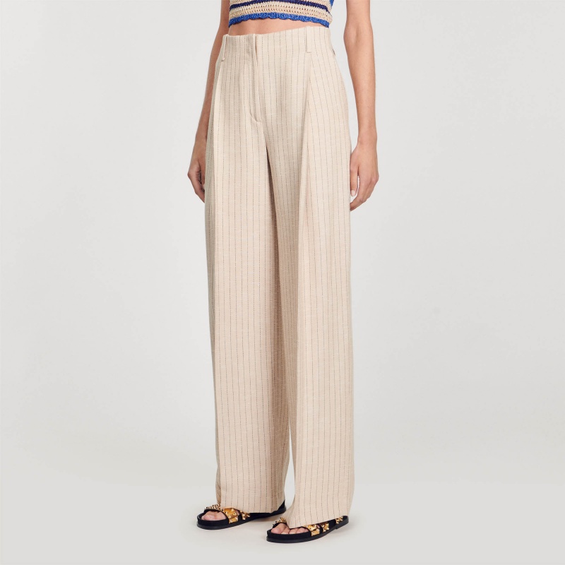 Sandro Wide-leg striped floaty trousers Beige | SN-SDO64813