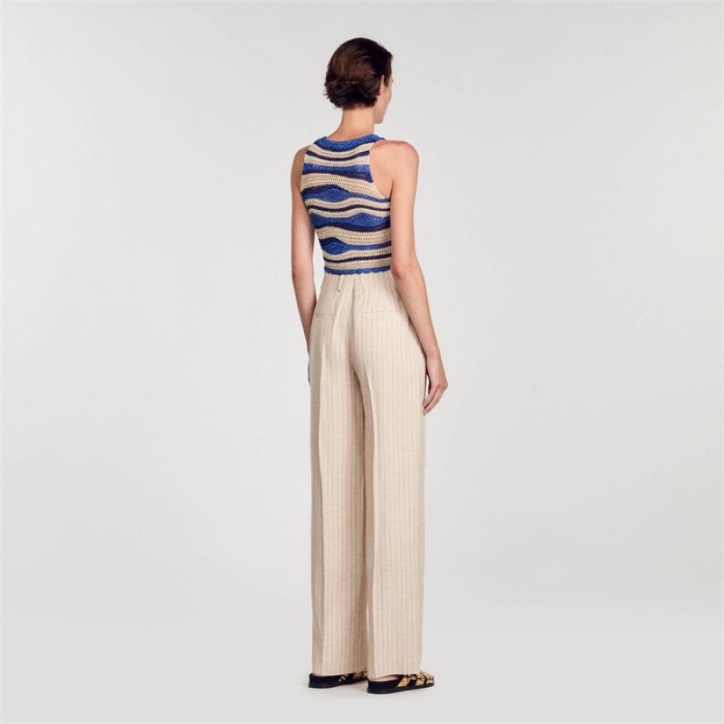 Sandro Wide-leg striped floaty trousers Beige | SN-SDO64813