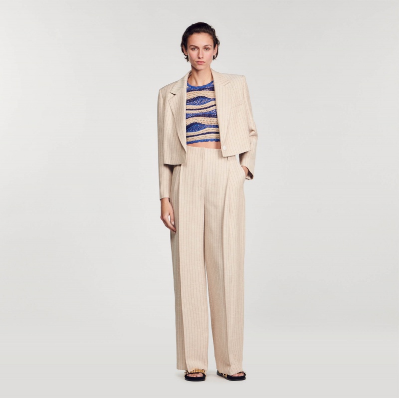 Sandro Wide-leg striped floaty trousers Beige | SN-SDO64813