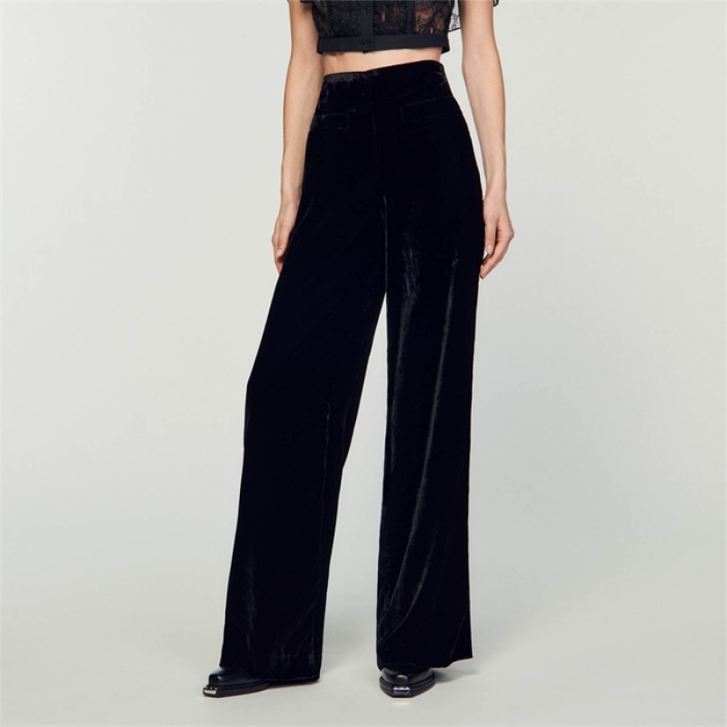 Sandro Wide-leg velvet pants Black | SN-SDO64792