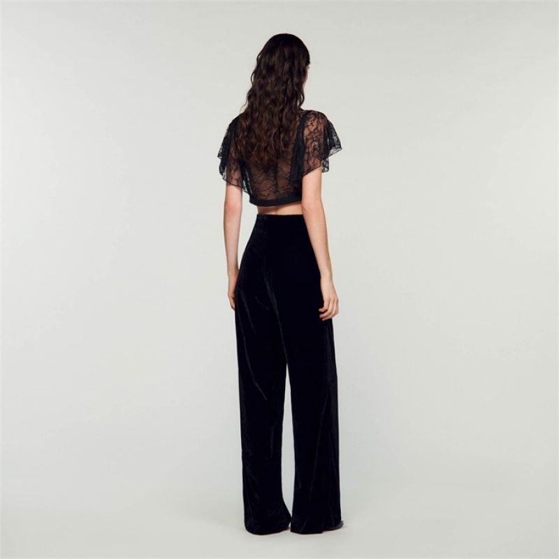 Sandro Wide-leg velvet pants Black | SN-SDO64792