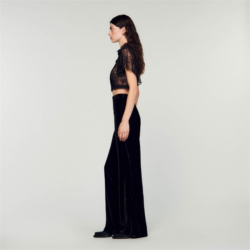 Sandro Wide-leg velvet pants Black | SN-SDO64792