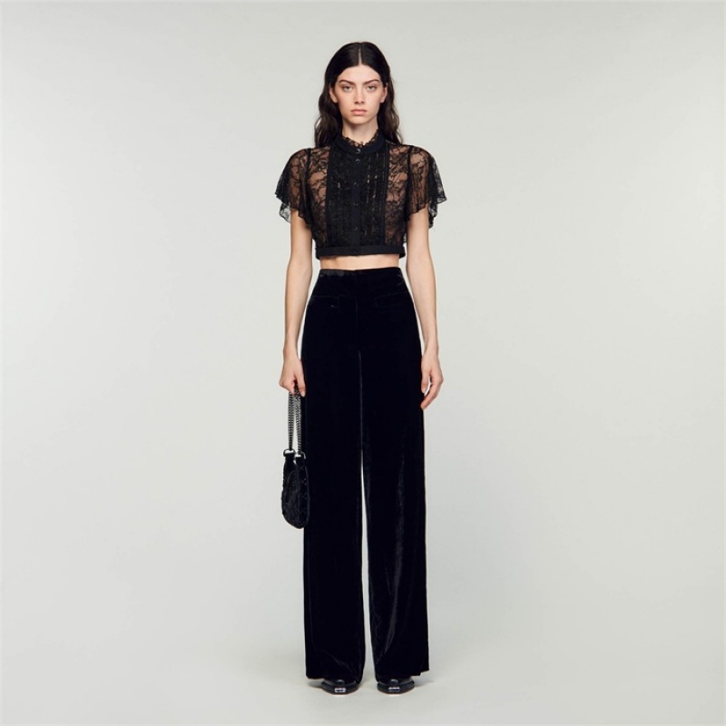 Sandro Wide-leg velvet pants Black | SN-SDO64792