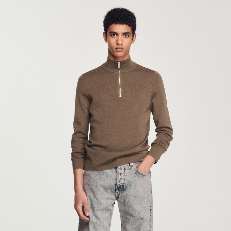 Sandro Wool sweater with zipped collar Olive Green | SN-SDO65288